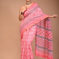 Pink Cotton MulMul Maheshwari Border Saree