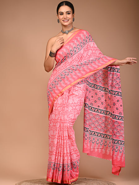 Pink Cotton MulMul Maheshwari Border Saree
