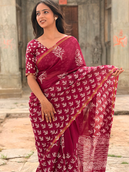 Angur Print Cotton MulMul Saree with Zari Border