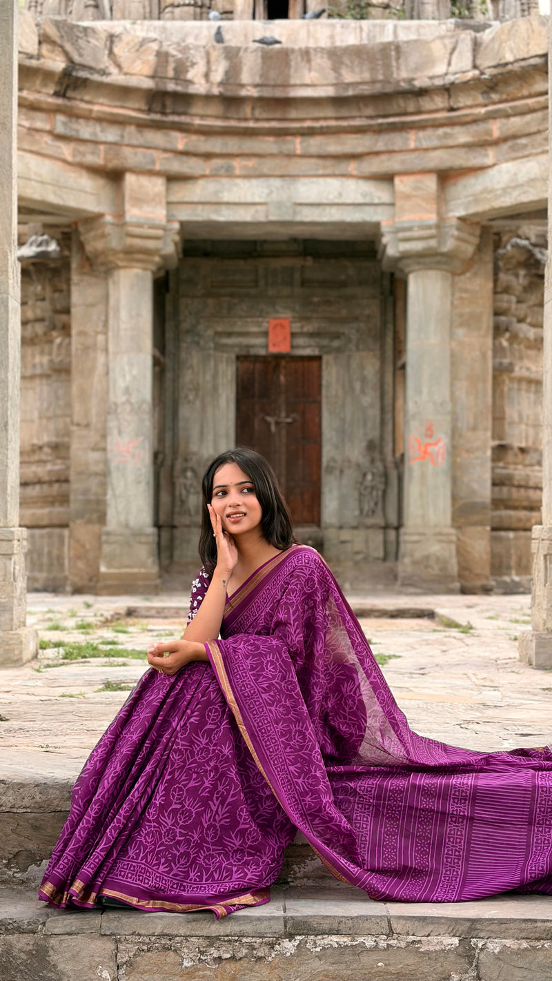 Purple Jaal Print Cotton MulMul Saree with Zari Border