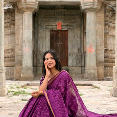 Purple Jaal Print Cotton MulMul Saree with Zari Border
