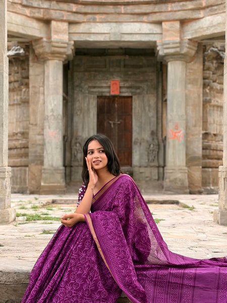 Purple Jaal Print Cotton MulMul Saree with Zari Border