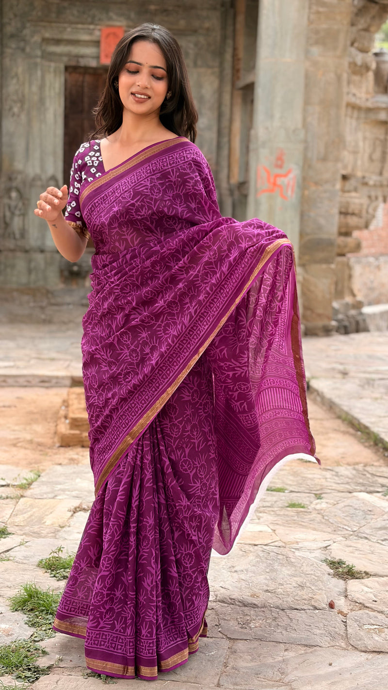 Purple Jaal Print Cotton MulMul Saree with Zari Border