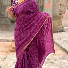Purple Jaal Print Cotton MulMul Saree with Zari Border