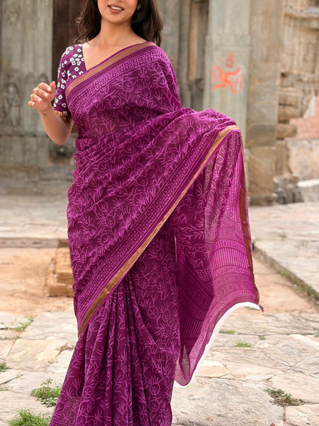 Purple Jaal Print Cotton MulMul Saree with Zari Border
