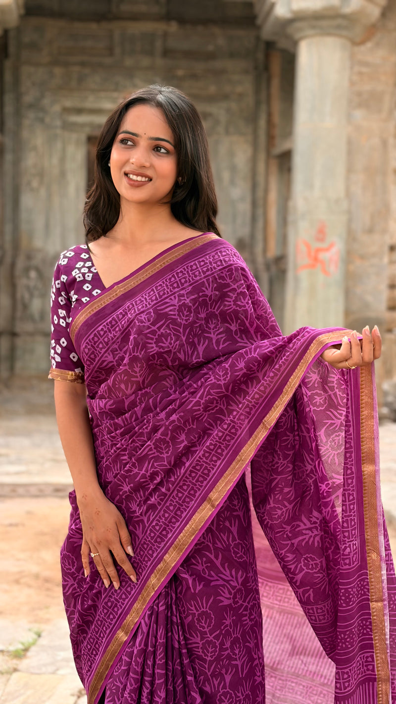 Purple Jaal Print Cotton MulMul Saree with Zari Border