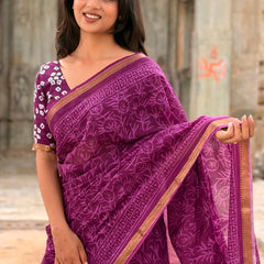 Purple Jaal Print Cotton MulMul Saree with Zari Border