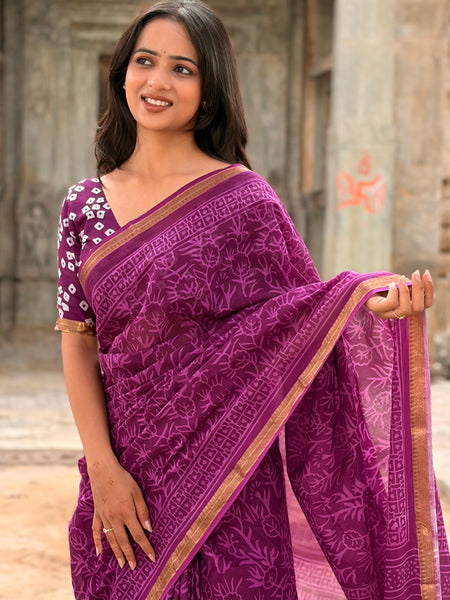 Purple Jaal Print Cotton MulMul Saree with Zari Border