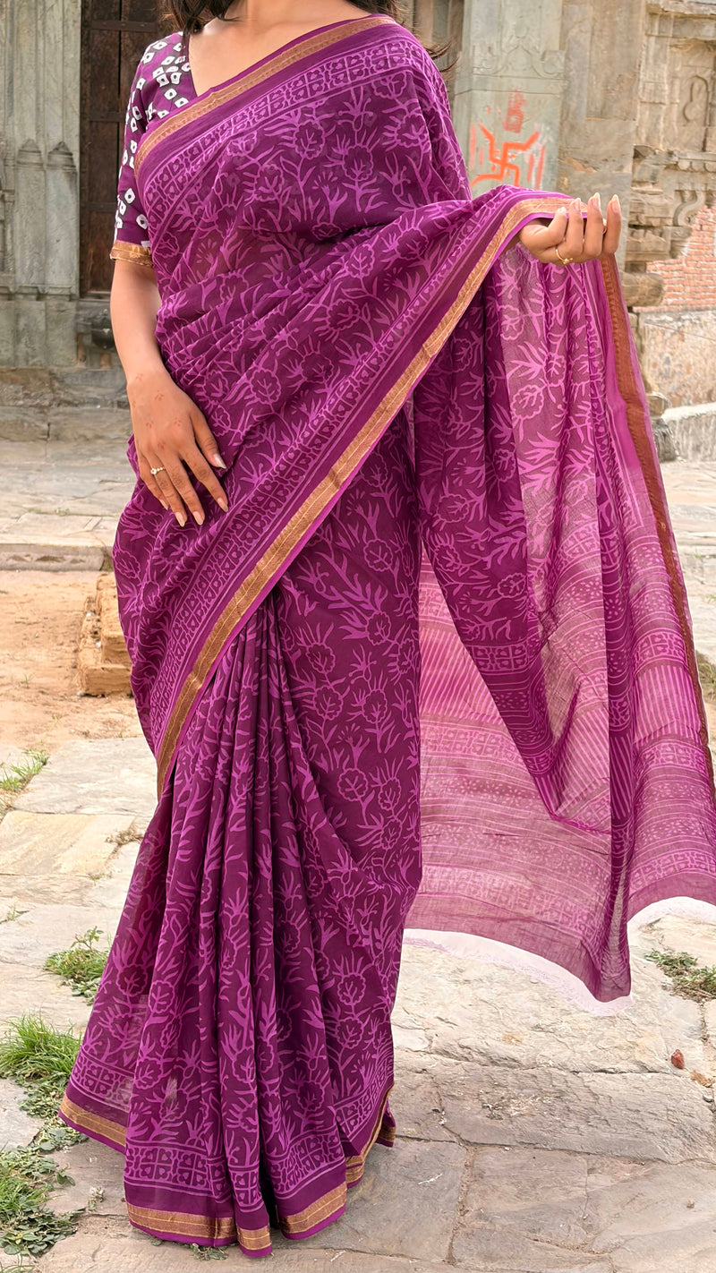 Purple Jaal Print Cotton MulMul Saree with Zari Border