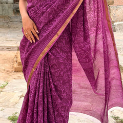 Purple Jaal Print Cotton MulMul Saree with Zari Border