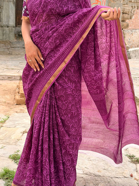 Purple Jaal Print Cotton MulMul Saree with Zari Border