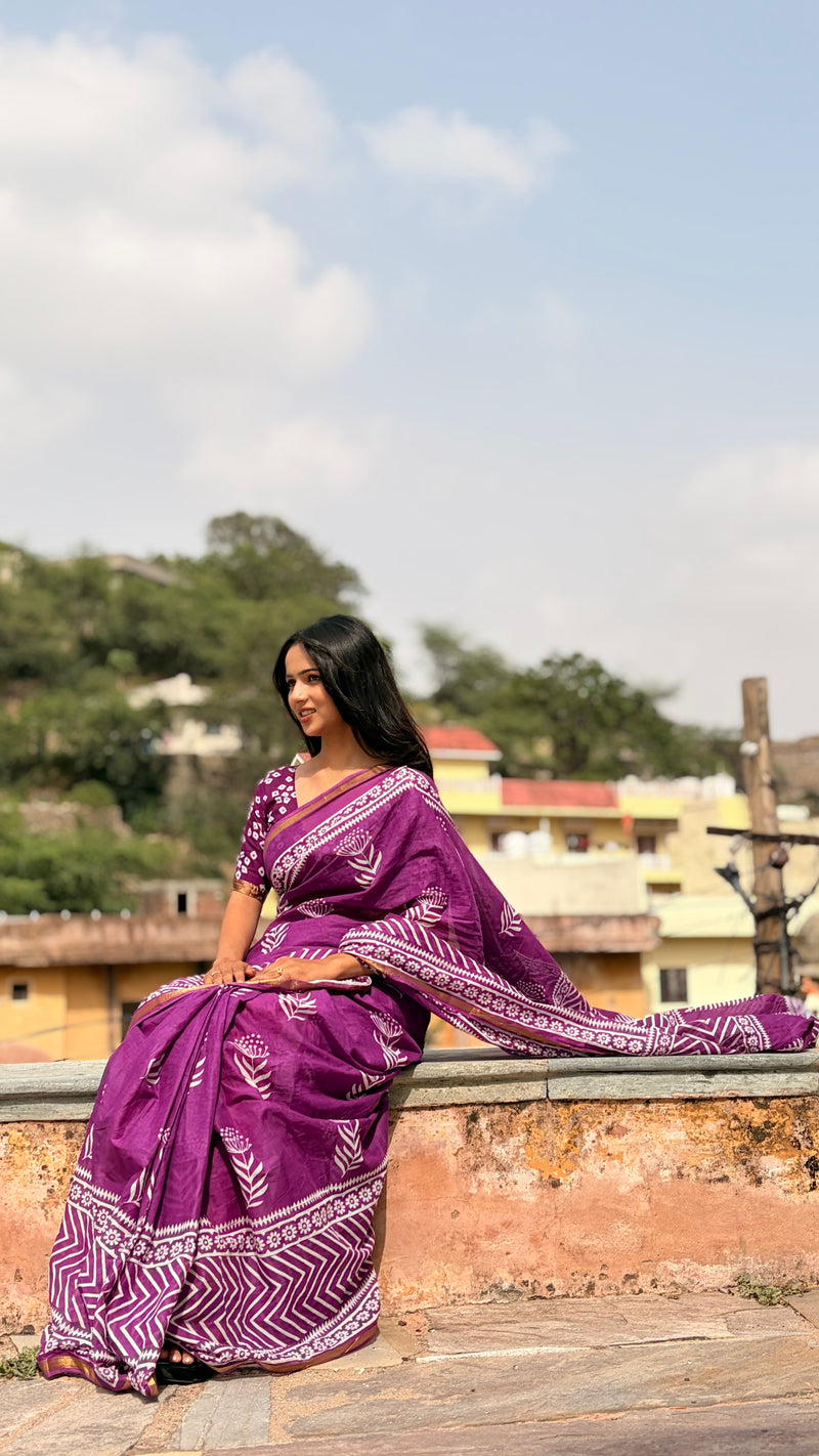 Purple White Patti Cotton MulMul Saree with Zari Border