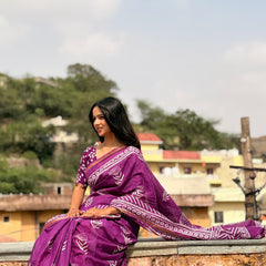 Purple White Patti Cotton MulMul Saree with Zari Border