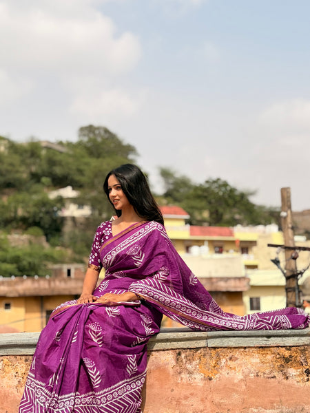 Purple White Patti Cotton MulMul Saree with Zari Border