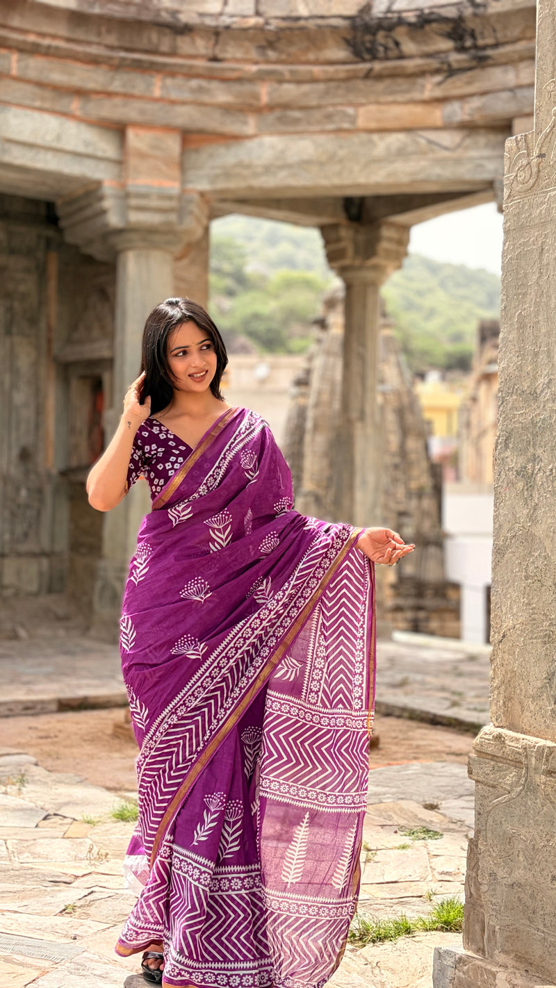 Purple White Patti Cotton MulMul Saree with Zari Border