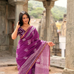 Purple White Patti Cotton MulMul Saree with Zari Border