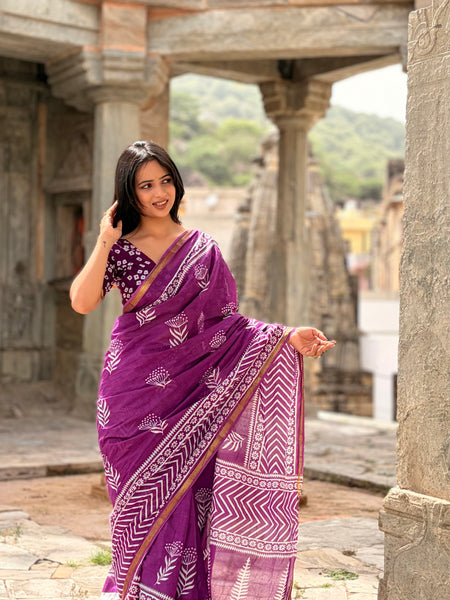 Purple White Patti Cotton MulMul Saree with Zari Border