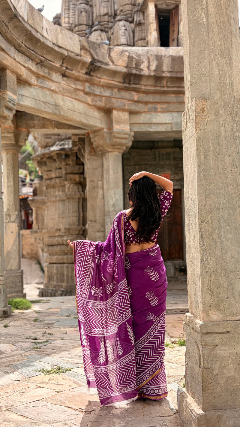 Purple White Patti Cotton MulMul Saree with Zari Border