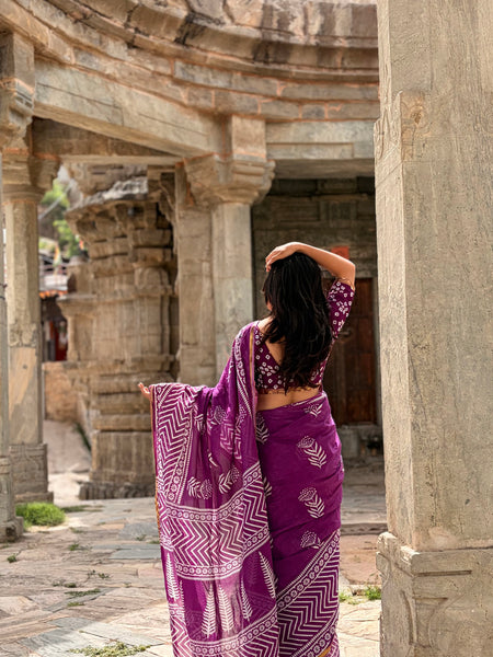Purple White Patti Cotton MulMul Saree with Zari Border