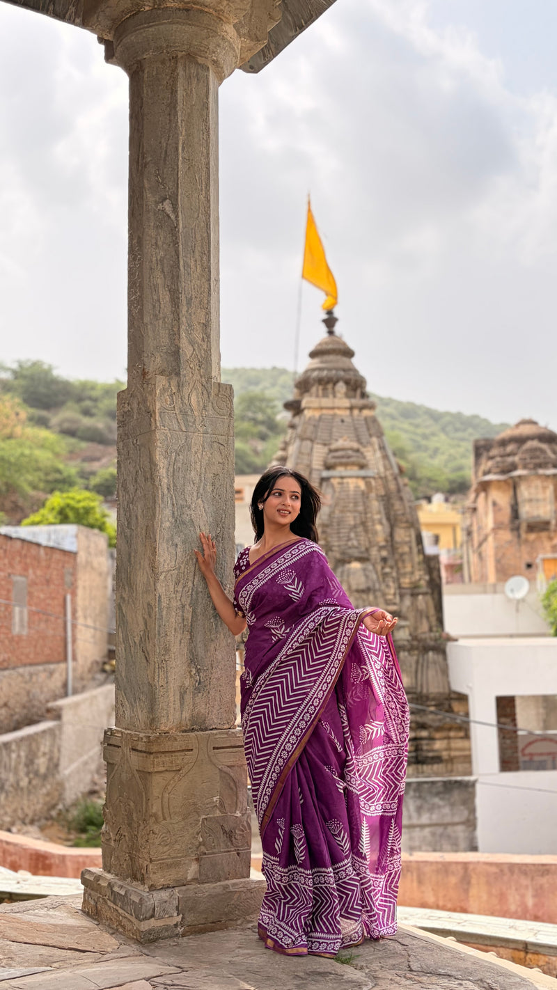 Purple White Patti Cotton MulMul Saree with Zari Border