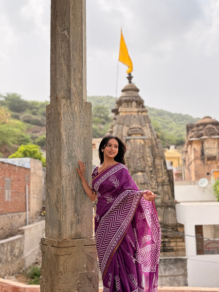 Purple White Patti Cotton MulMul Saree with Zari Border