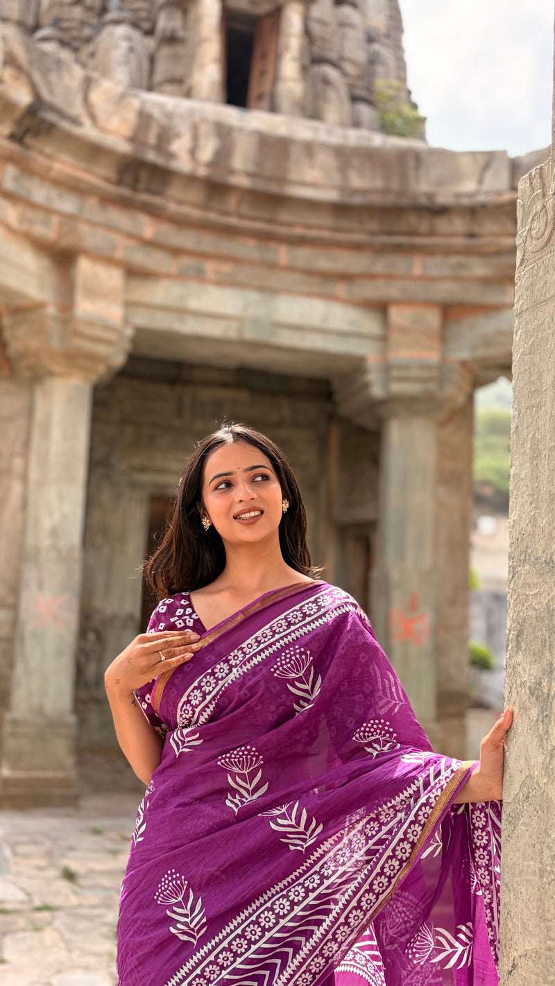 Purple White Patti Cotton MulMul Saree with Zari Border