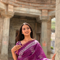 Purple White Patti Cotton MulMul Saree with Zari Border