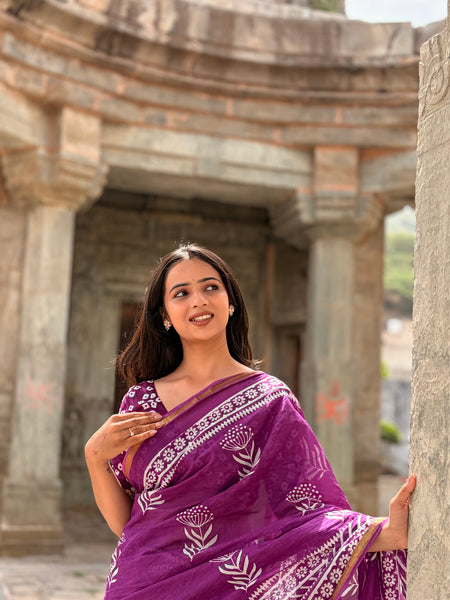 Purple White Patti Cotton MulMul Saree with Zari Border