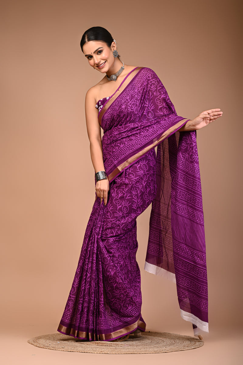 Purple Pure Cotton Maheshwari Border Printed Saree