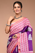 Purple Pink Pure Cotton Maheswari Border Saree