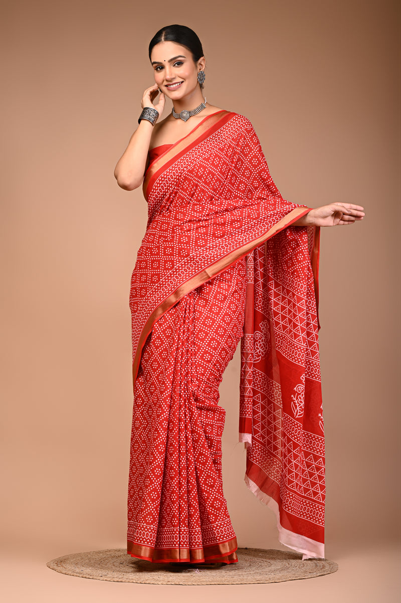 Red Cotton MulMul Maheshwari Border Saree
