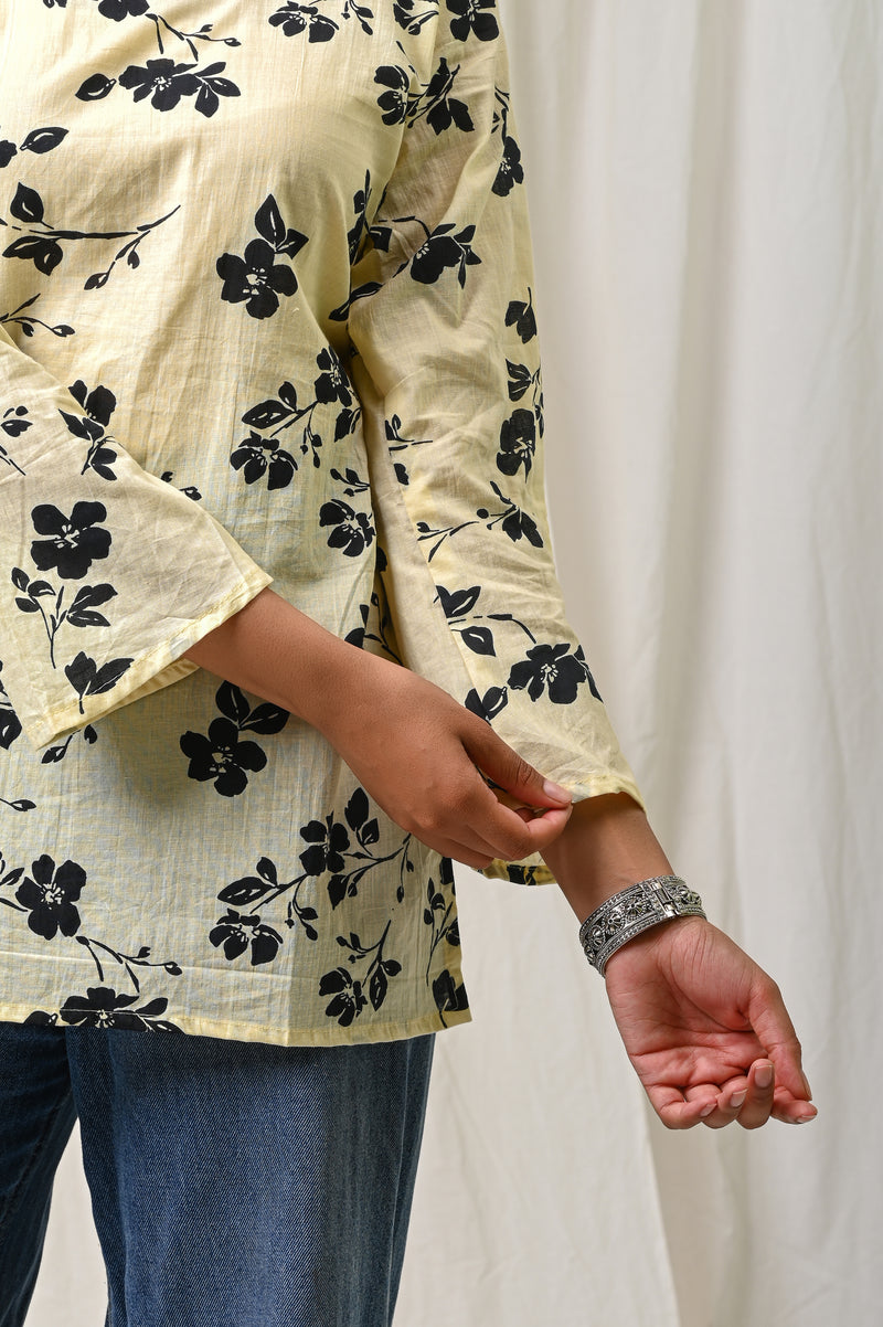 Cream black floral printed cotton short kurti for women