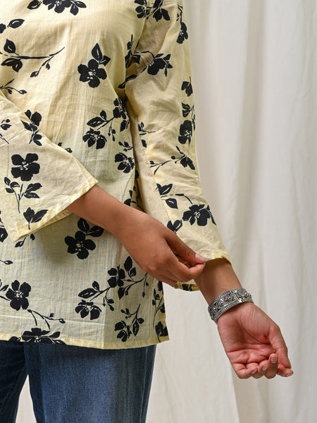 Cream black floral printed cotton short kurti for women