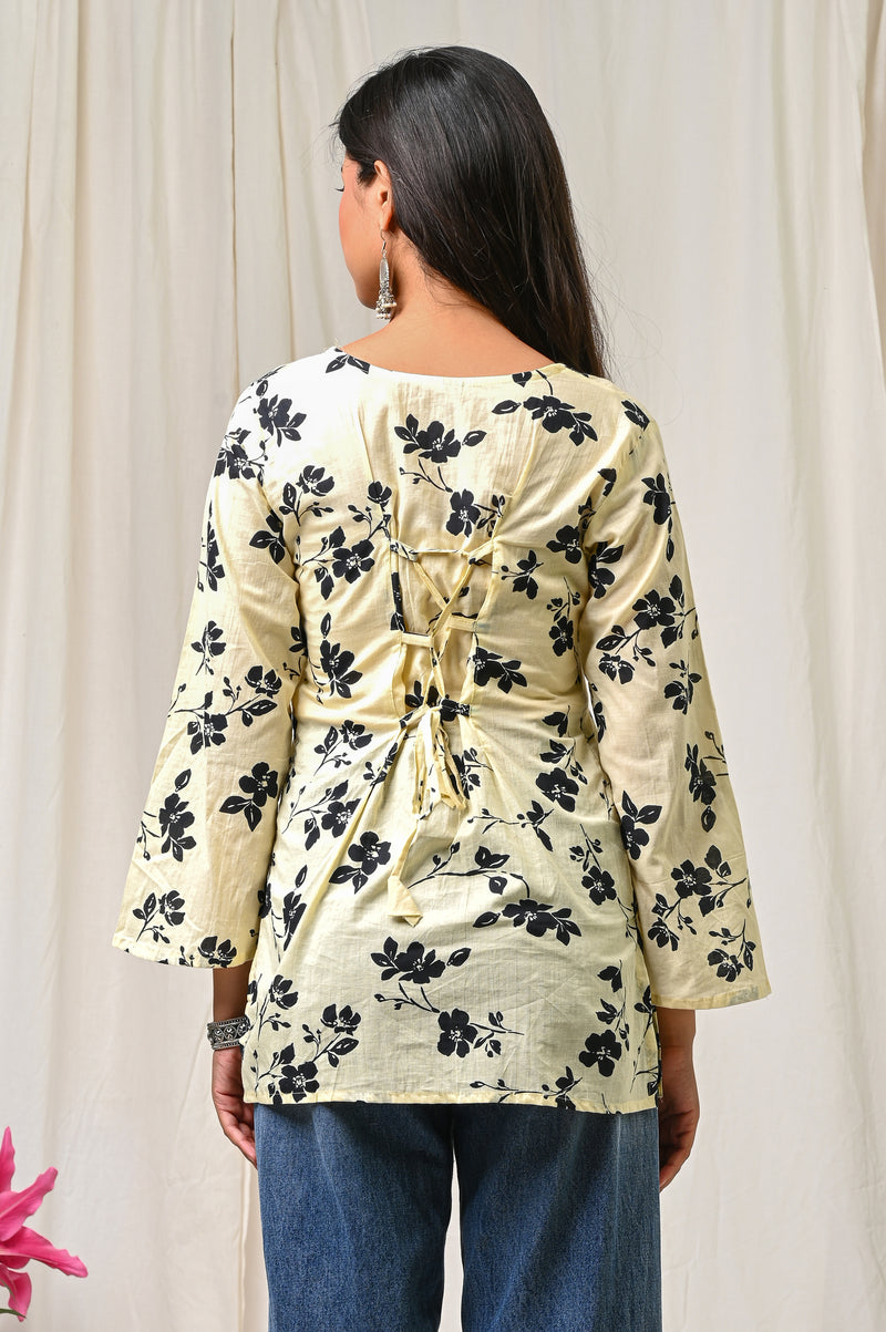 Women Cream Black Floral Printed Cotton Short Kurti - Side / Back View