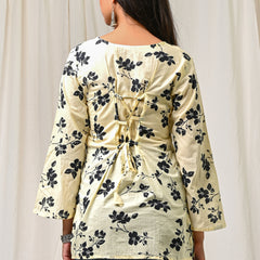 Women Cream Black Floral Printed Cotton Short Kurti - Side / Back View
