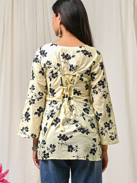 Women Cream Black Floral Printed Cotton Short Kurti - Side / Back View