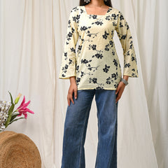 Women Cream Black Floral Printed Cotton Short Kurti - Detail View
