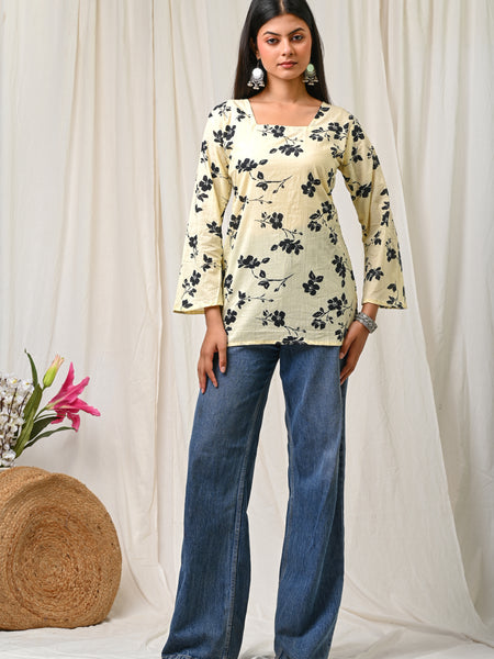 Women Cream Black Floral Printed Cotton Short Kurti - Detail View
