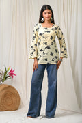 Women Cream Black Floral Printed Cotton Short Kurti