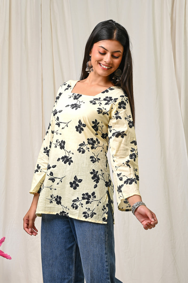 Women Cream Black Floral Printed Cotton Short Kurti - Flowy View