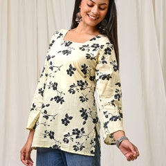 Women Cream Black Floral Printed Cotton Short Kurti - Flowy View