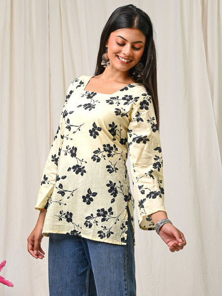 Women Cream Black Floral Printed Cotton Short Kurti - Flowy View