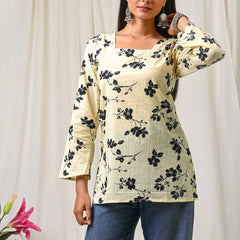 Women Cream Black Floral Printed Cotton Short Kurti - View 8