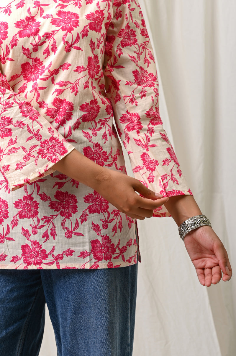Cream pink floral printed cotton short kurti for women