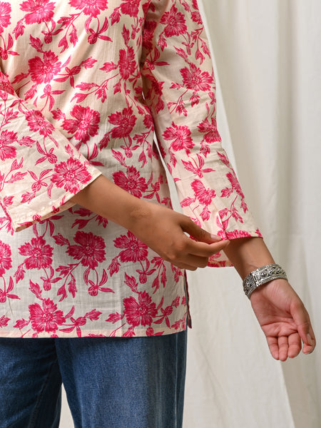 Cream pink floral printed cotton short kurti for women