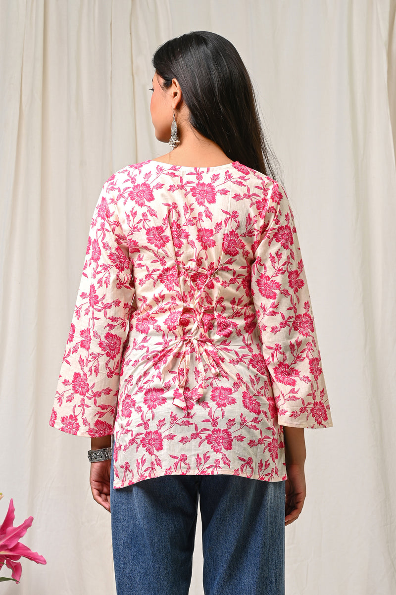 Women Cream Pink Floral Printed Cotton Short Kurti - Side / Back View