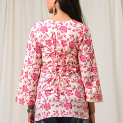 Women Cream Pink Floral Printed Cotton Short Kurti - Side / Back View