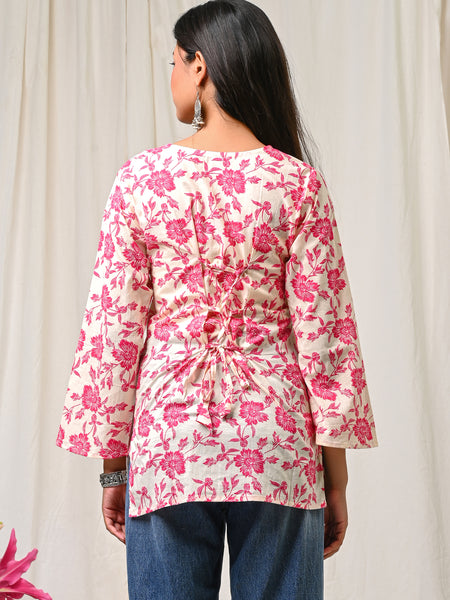 Women Cream Pink Floral Printed Cotton Short Kurti - Side / Back View