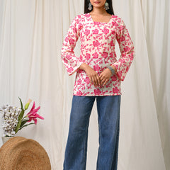 Women Cream Pink Floral Printed Cotton Short Kurti - Detail View