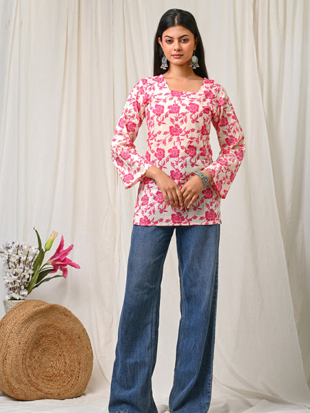 Women Cream Pink Floral Printed Cotton Short Kurti - Detail View
